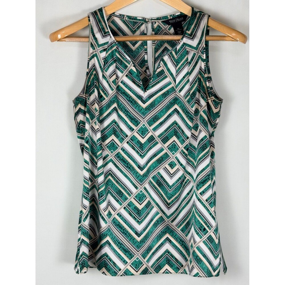 White House Black Market Green Chevron V Neck Sleeveless Blouse XS